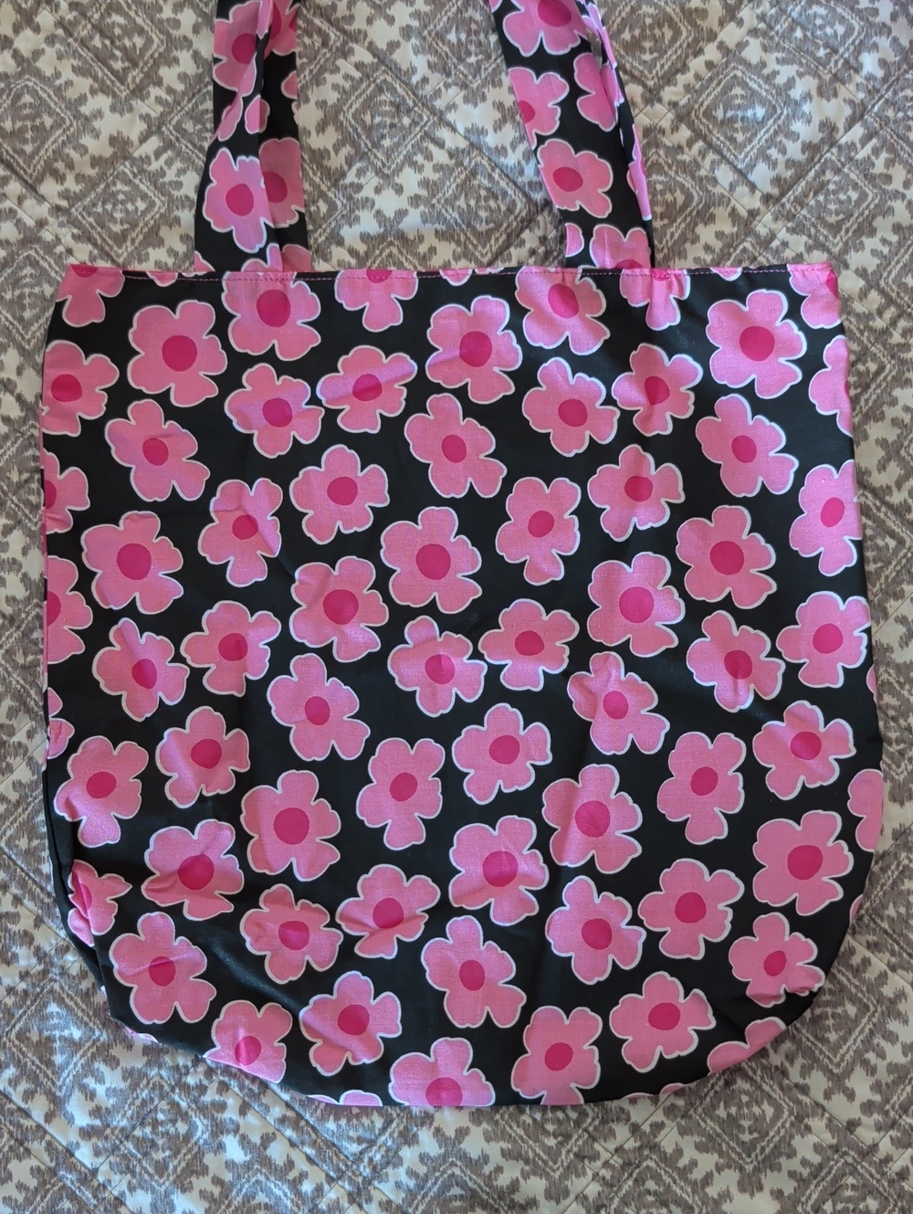 Basic Black Tote Bag with Pink Floral Print